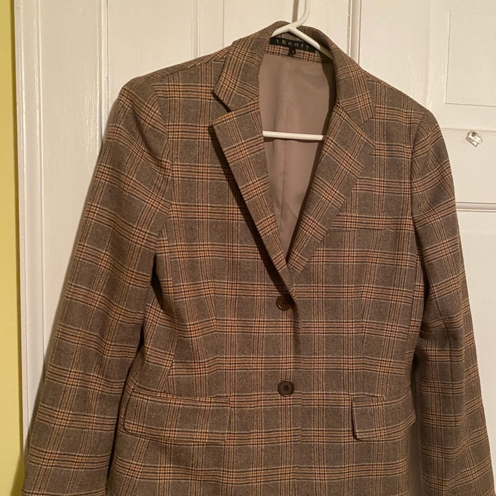 Theory Brown Orange Plaid Two Button Blazer sz 8